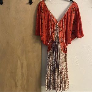 Free People Boho mini trapeze dress Red and white Medium